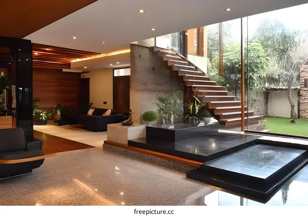 Modern Interior Design With Wooden Stairs And A View Of The Garden