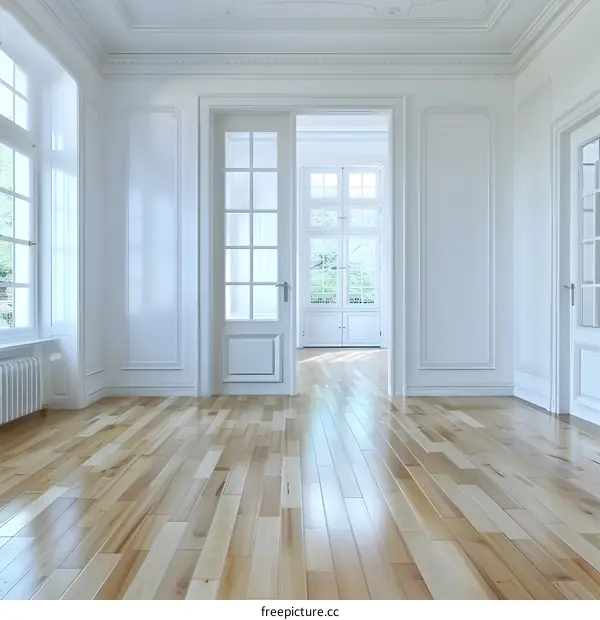 Empty White Room with Wooden Floor and Doorway