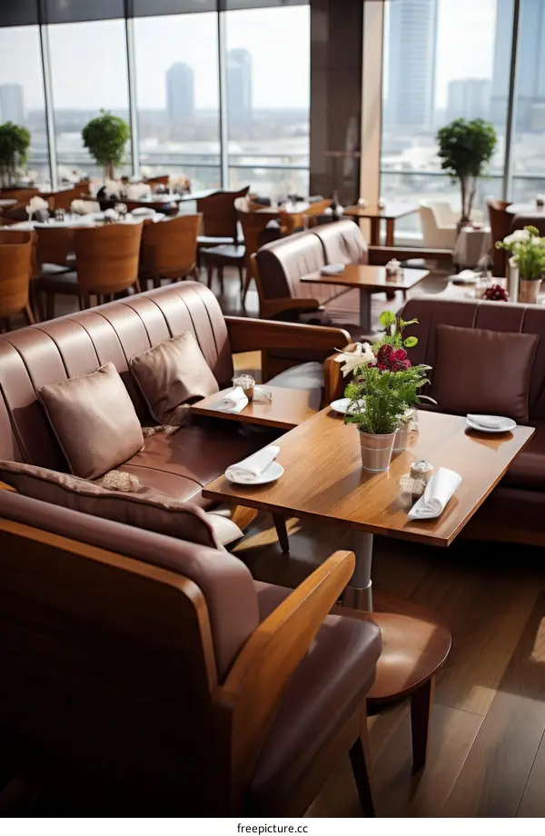 Modern restaurant interior with brown leather chairs and wooden tables