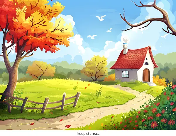 Autumn Landscape with a Small House in the Countryside