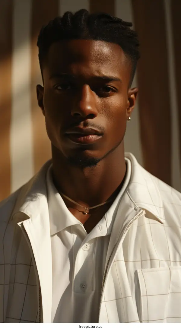 A portrait of a young African-American man with short hair and a white shirt