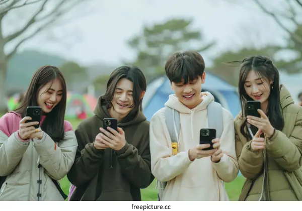 Four Asian friends using their smartphones in the park