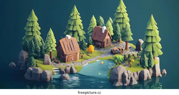 Low Poly Illustration of a Small Wooden Cabin in a Forest
