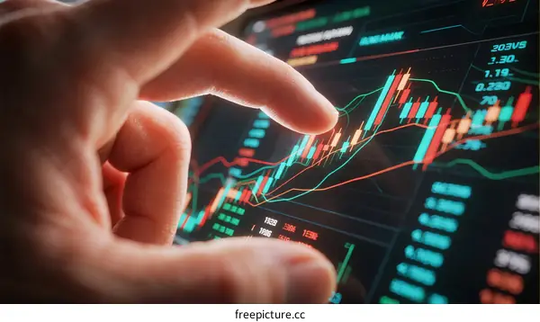 Hand Analyzing Stock Market Data on Digital Display