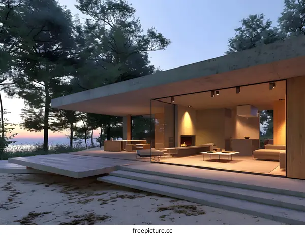 Modern Concrete House with Large Windows and a Deck overlooking a Sunset