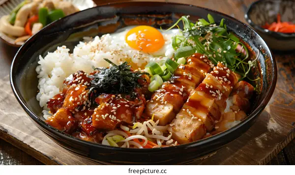 A delicious and healthy meal of pork, rice, vegetables, and egg