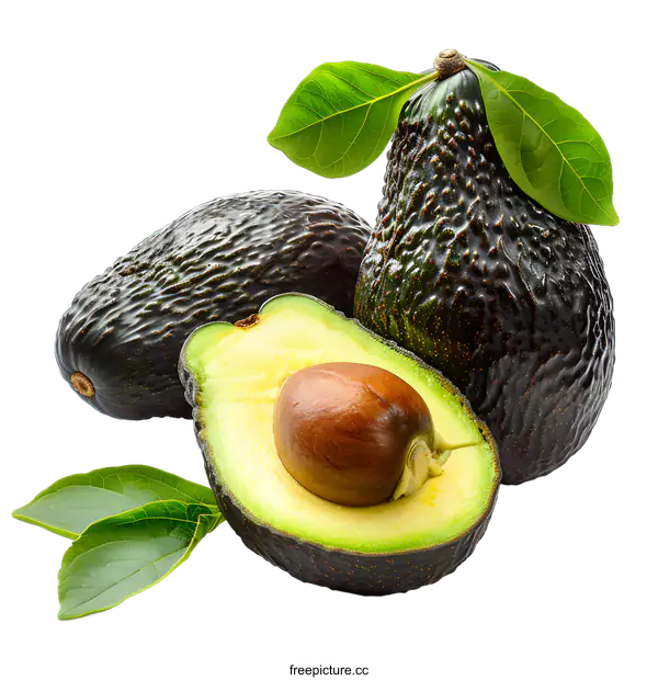 [Transparent Background PNG]Fresh avocados with leaves