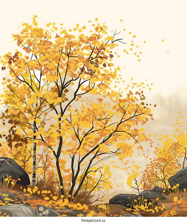 Golden Autumn Leaves Falling From Trees