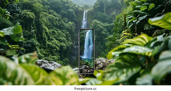 Waterfall Captured Through Smartphone Screen in Lush Jungle