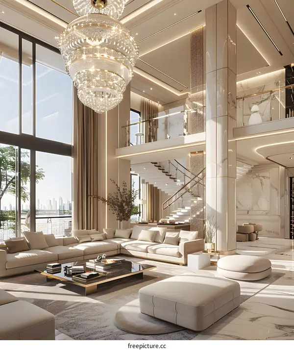 Modern Interior Design with Large Chandelier and Marble Flooring