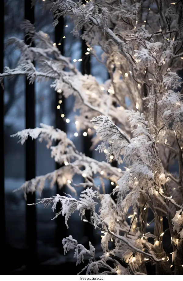 A snow-covered tree with lights