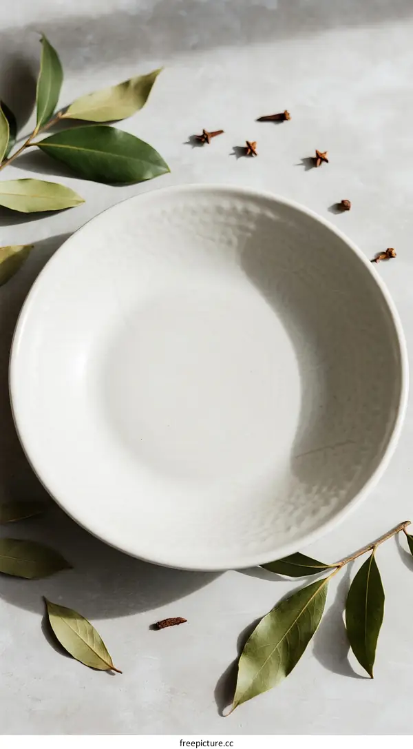 White Ceramic Bowl with Bay Leaves and Star Anise on Marble