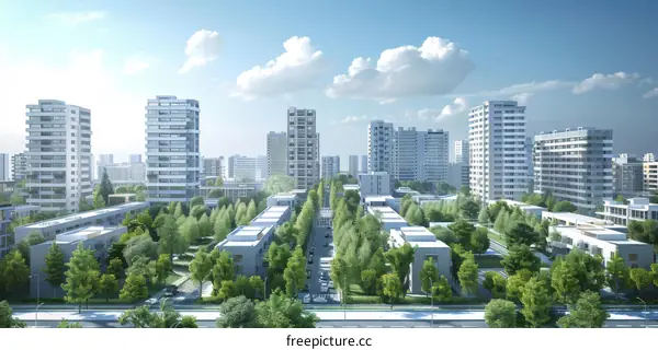 Modern Cityscape with Apartment Towers and Green Spaces