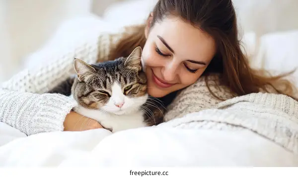 Woman and Cat Relaxing on Bed