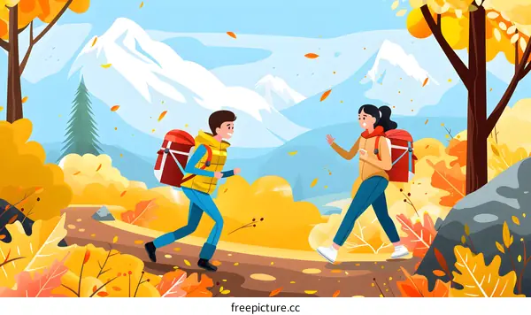 Couple Hiking in Autumn Forest with Mountain Background