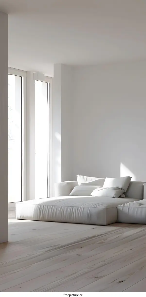 Modern Minimalist Living Room Interior Design With White Sofa And Wood Floor