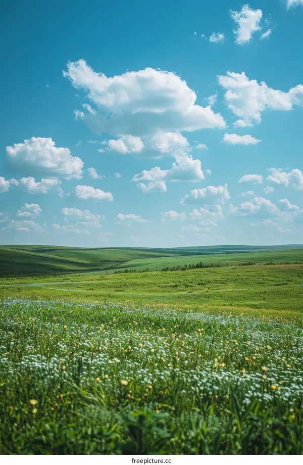Wildflowers Blooming in a Lush Green Field Under a Blue Sky