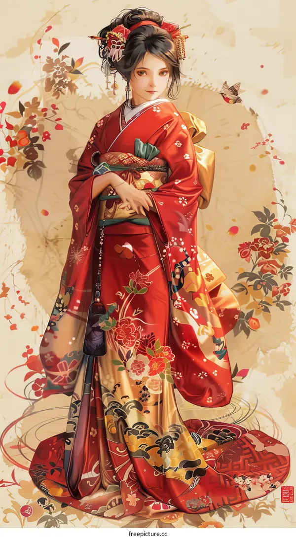 A beautiful Japanese woman in a red kimono