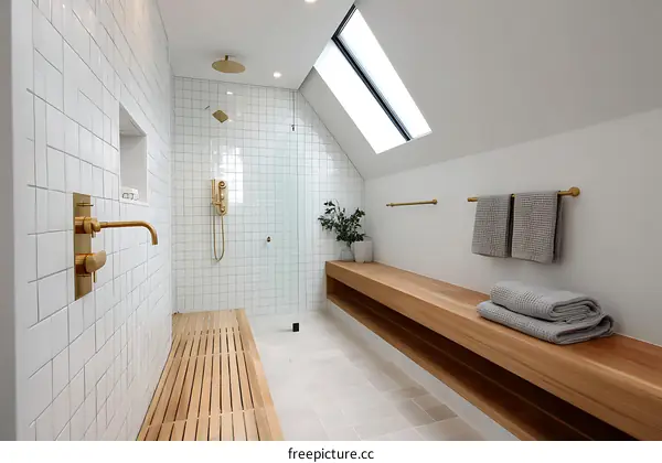 Modern Minimalist Bathroom with Wooden Bench