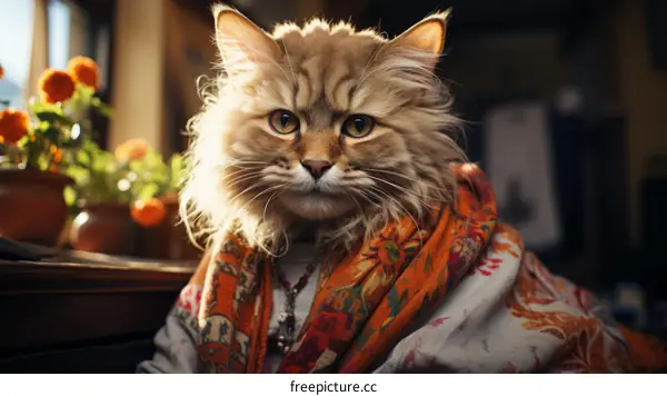A ginger cat wearing a floral scarf is sitting on a table.