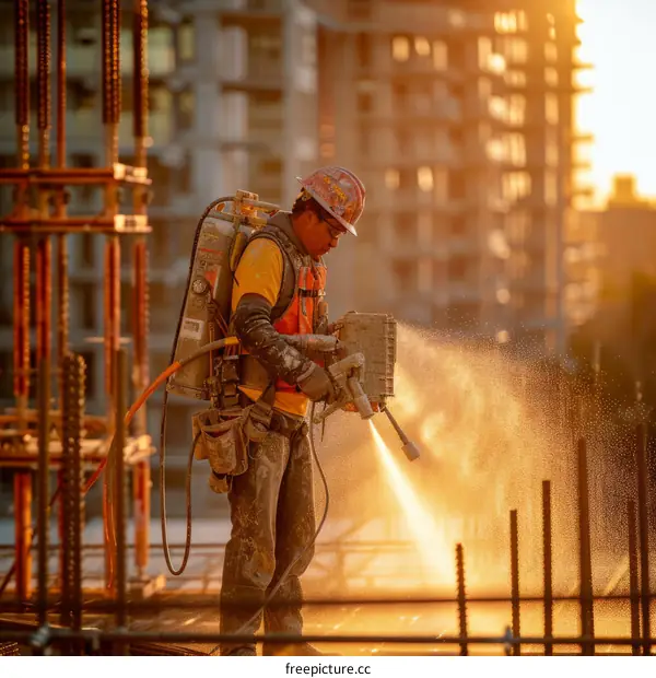 Construction worker spraying water on a building under construction