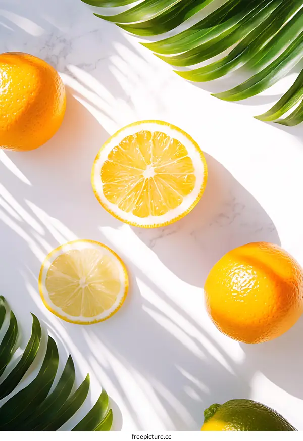 Fresh Lemon and Orange Slices with Palm Leaves on White Marble Background