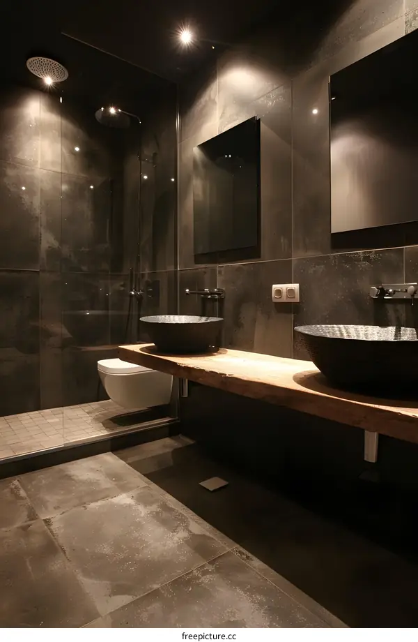 Modern Bathroom with Dark Tiles and Wooden Sink