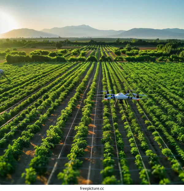An aerial view of a drone flying over a lush green field of crops