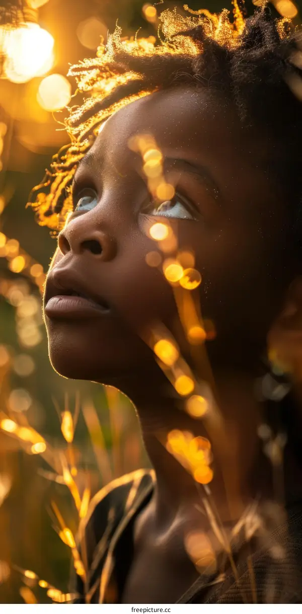 Portrait of a young African boy looking up at the sun