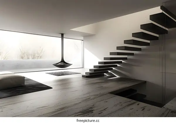 Modern Minimalist Interior Design with Floating Staircase and Hanging Fireplace