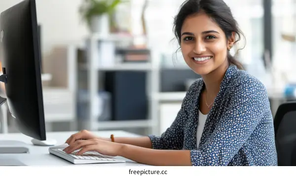 Smiling Indian Woman Working at Computer