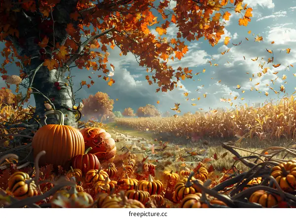 A field of pumpkins in the fall