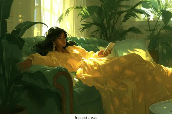 A Woman in a Yellow Dress Relaxes on a Green Couch in a Sunlit Room