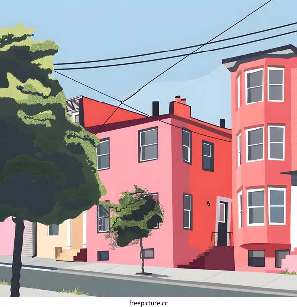 Pink and Red Row Houses Illustration
