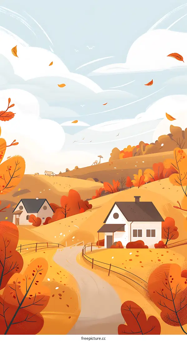 Autumn Landscape with Houses and Trees