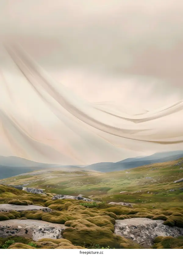 White Fabric Draped Over Green Hills