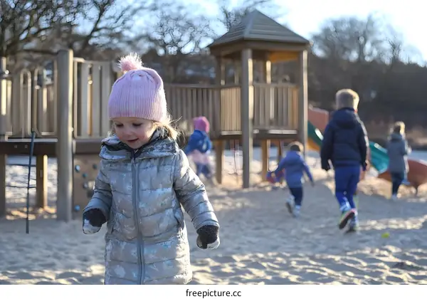 Little Girl Playing on Playground in Winter