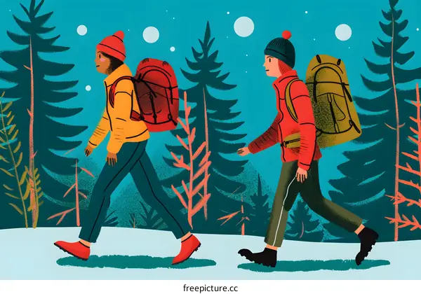 Two Hikers Walking Through a Snowy Forest