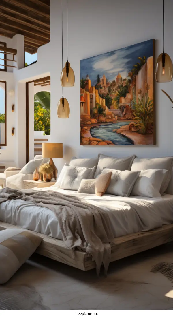 Cozy Bedroom with Calming River Landscape Painting