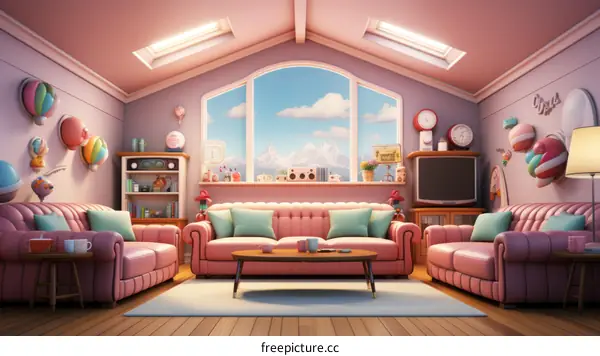 Charming Pink Living Room with Plush Couches and Ample Sunlight