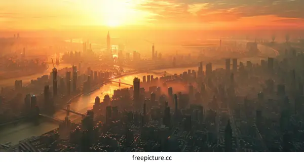 Golden Cityscape Sunset Over Metropolis