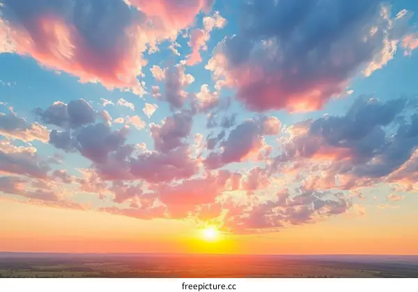 A vivid sunset sky with a bright shining sun and colorful clouds