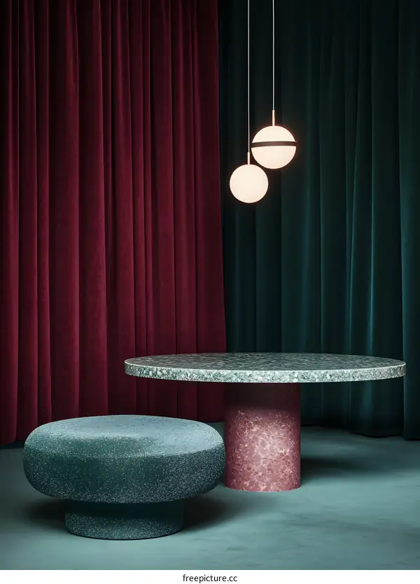 Green and Red Interior Design with a Round Table and a Stool