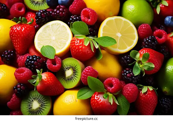 An assortment of fresh lemons, strawberries, raspberries, blueberries, and blackberries