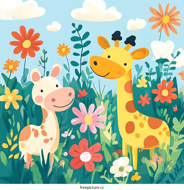 Cute Giraffe and Baby Giraffe in a Field of Flowers
