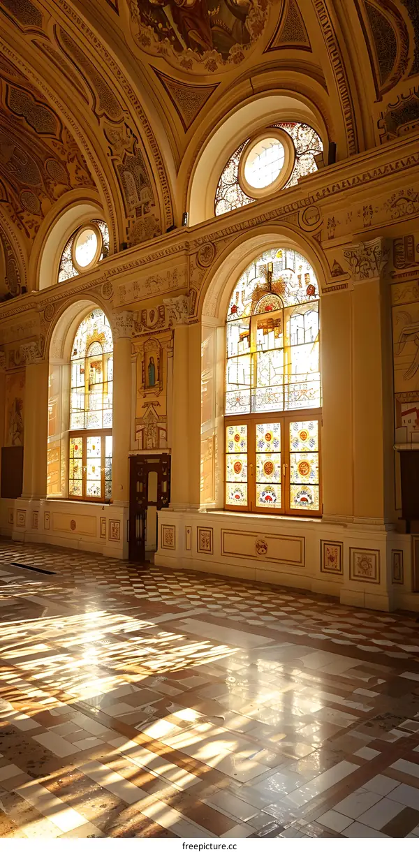 Sunlight Streaming Through Stained Glass Windows in an Ornate Hallway