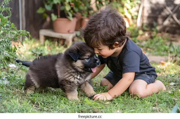 Boy and Puppy Play Together in the Backyard