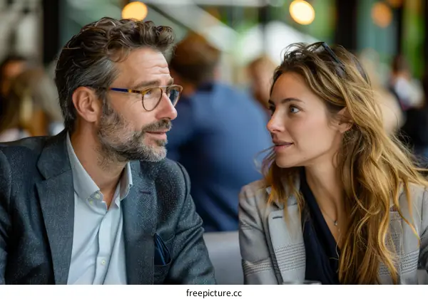 A man and a woman are having a conversation in a restaurant.