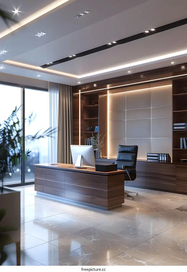 Modern office interior design with large windows and wooden furniture