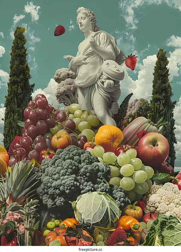 Surreal Collage of Fruit and Sculpture